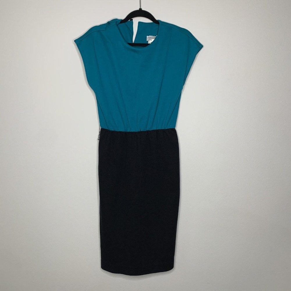 Stuart Alan Petites Sweater Dress Womans 12 Teal Black Stripe No Sleeve w/Jacket - Picture 12 of 16